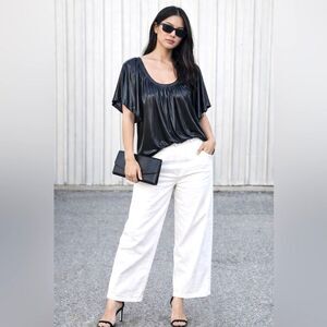 LaRok Black Modern Goth flounce black liquid short sleeve top size L street chic